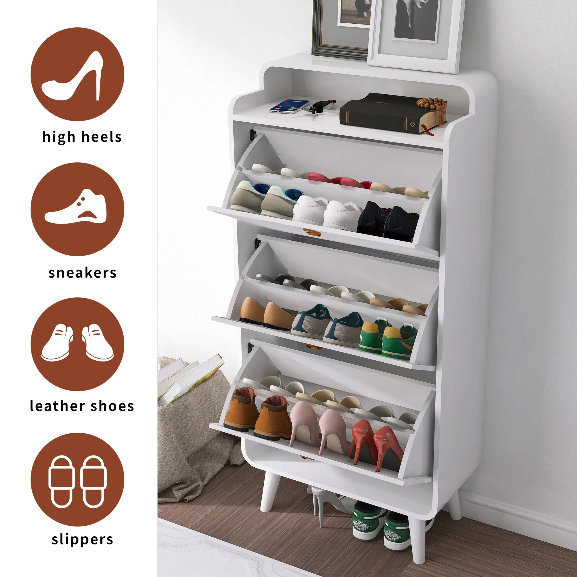 Modern Arc Design Shoe Cabinet With 3 Drawers,Shoe Storage Cabinet for Entryway,Outdoor,White Finish